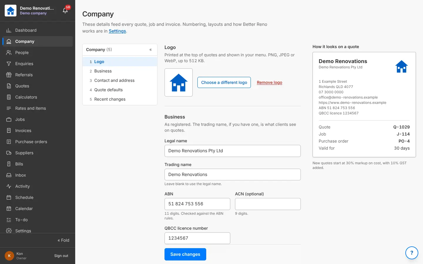 The Company page: logo, business details, ABN and licence, how it looks on a quote