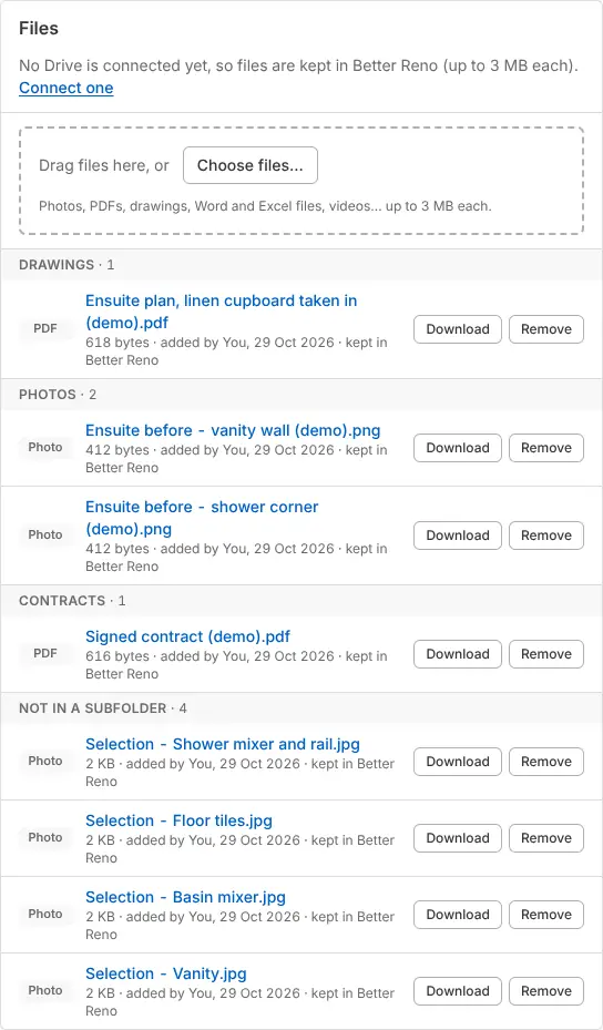 A job’s files in folders: drawings, photos, contracts