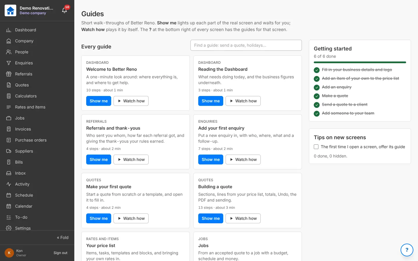 The Guides page with every guide, Show me and Watch how, and Getting started