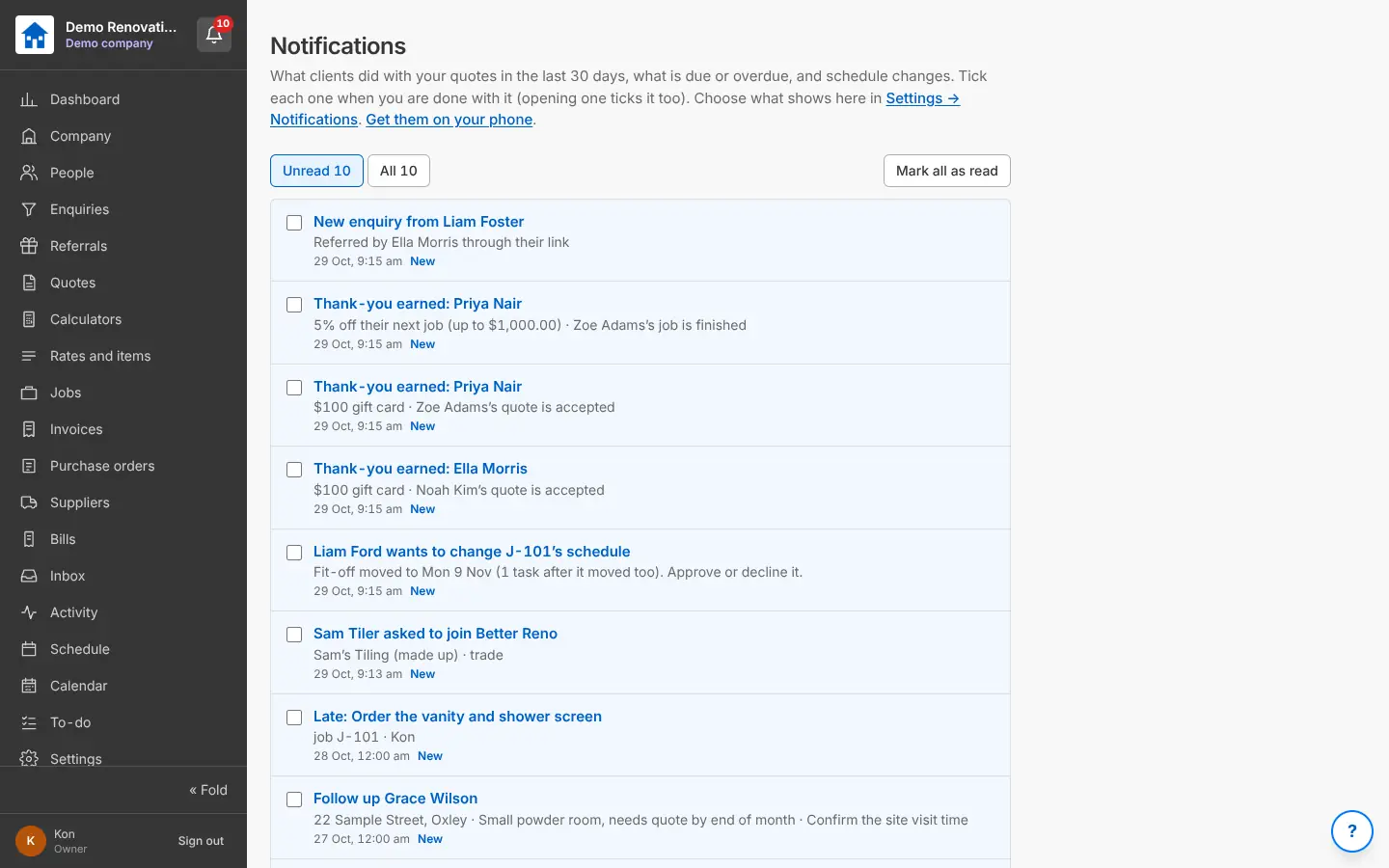 Notifications: new enquiries, thank-yous earned, schedule change requests, late orders